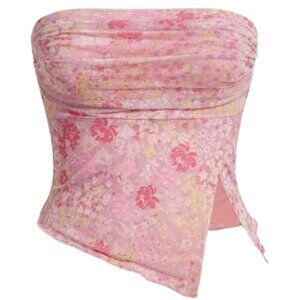 SHEIN Y2K Pink Floral Tube Top Size Medium Asymmetrical Ruched Bandeau Side Slit